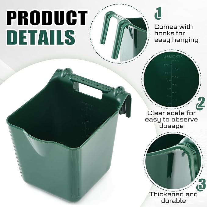 4 Pack 15 Quart Horse Feeders for Stall Hook Over Hanging Fence Hay Feeder Mountable Livestock Plastic Feed Bucket for Farm Stalls Pasture, Stable to Feed Horses Sheep Cattle Cows Etc(Green)