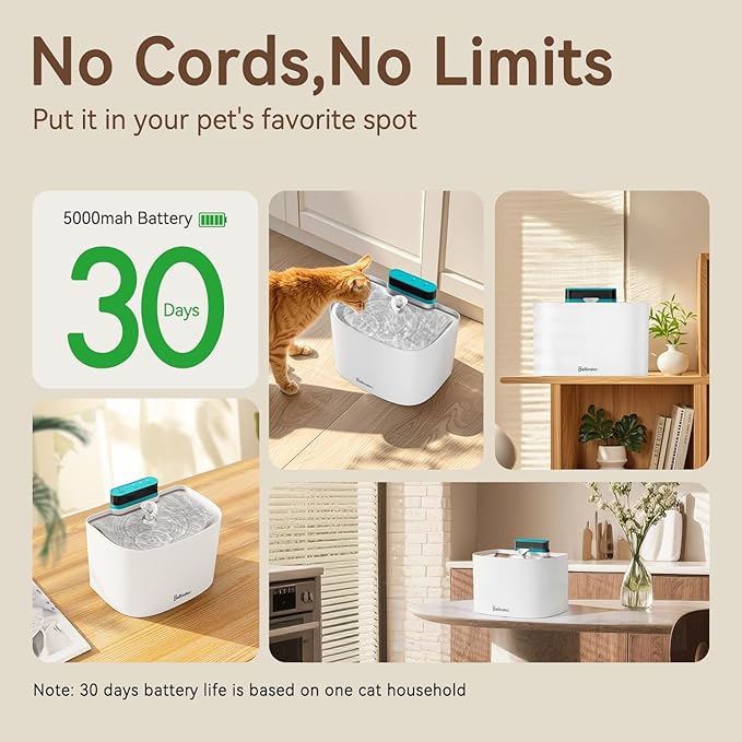 Cat Water Fountain, 122oz/3.6L Pumpless Wireless Cat Fountain, Cordless Water Fountains for Cats Indoor, Dog Pet Water Fountain Battery Operated with Stainless Steel Tray (White, Fountain+2 Fliters)