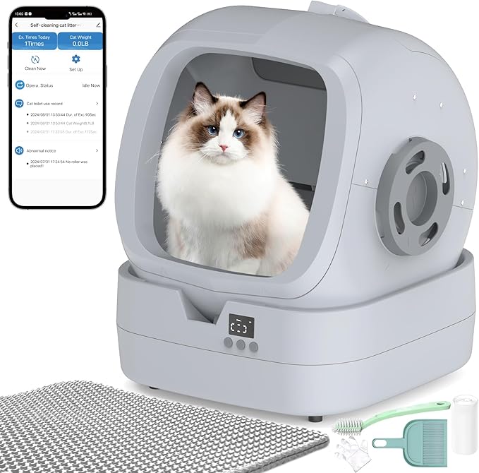 Automatic Self-Cleaning Cat Litter Box with APP-Controlled, Weight Tracking – 86L Ultra-Quiet, Smart Health Monitor, and Safe Anti-Pinch Design (Assembly Required) -Light Grey