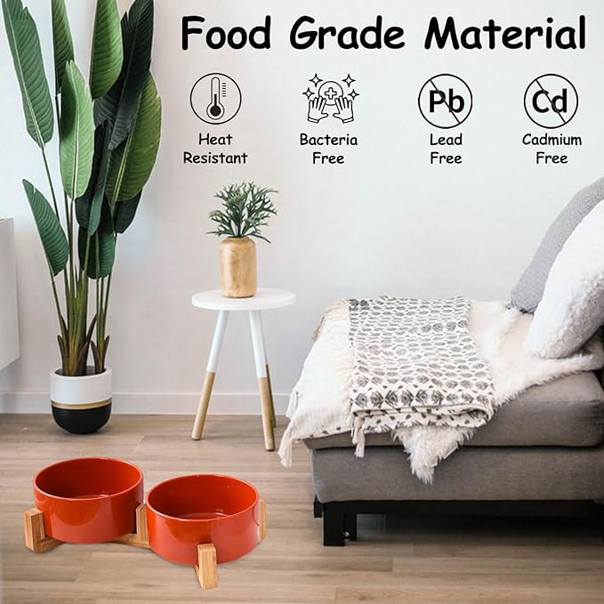Petygooing Dog Bowls,Ceramic Cat Dog Bowl Set with Wood Stand for Food and Water,Non-Slip Cute Modern Pet Dish for Cats Small Size Dogs Puppy (13.5OZ/5.1 in) Rust Red