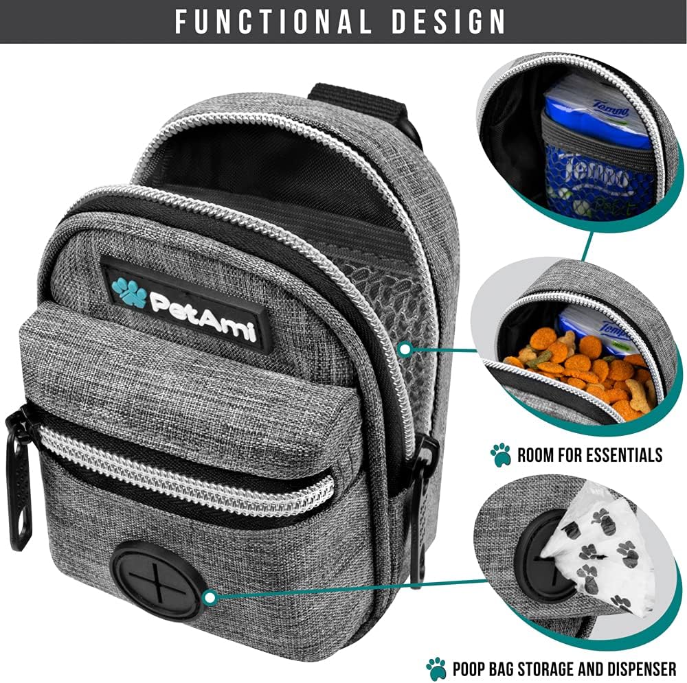 PetAmi Dog Poop Bag Holder for Leash, Dog Pet Waste Bag Dispenser For Poop With Clip, Doggy Puppy Walking Accessories Travel Camping, Dog Treat Pouch Supplies Must Have With Dog Bag Roll, Light Gray