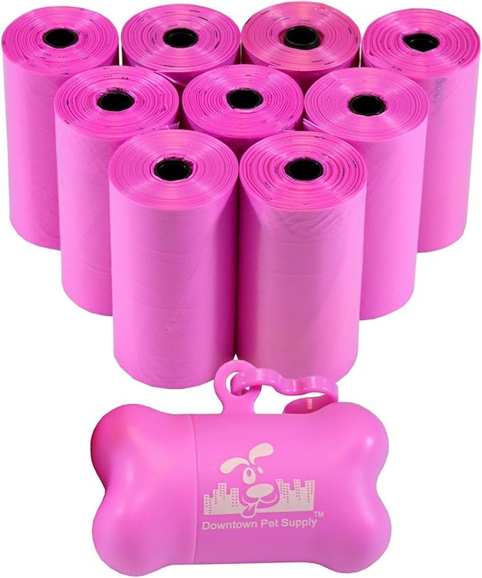 Downtown Pet Supply Poop Bags for Dogs with Dispenser, 180 Count - Leak-Proof Dog Waste Bags and Bone-Shaped Dog Poop Bags Holder for Leash - Pink, 12.5" x 8.5"