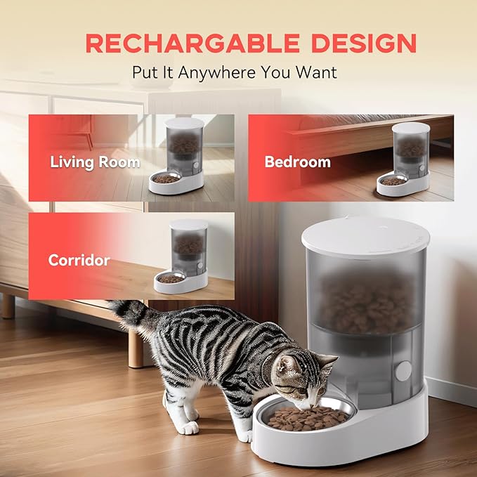 PAPIFEED Automatic Cat Feeder, 4L Auto Dog Cat Feeder with Rechargeable Battery & Dual-Band WiFi (2.4G & 5G), Automatic Pet Food Dispenser for Outdoor Travel Home - Ceramic Bowl Included