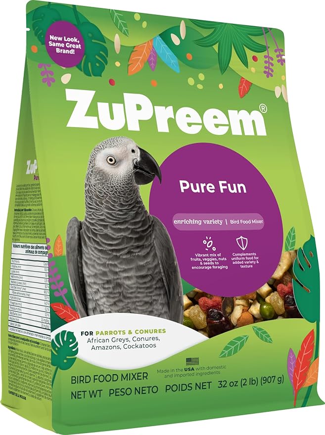 ZuPreem Pure Fun Bird Food, Parrot, Conure, Caique, African Grey, Eclectus, Small Cockatoo, Seed and Pellet Blend for Medium Large Birds, Bird Food Mixer Topper, Enriching Variety (ML, 2 lbs)