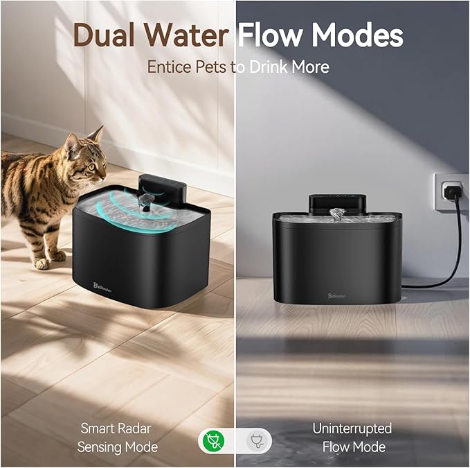 Cat Water Fountain, App Control Wireless Cat Fountain, 122oz/3.6L Pumpless Water Fountains for Cats Indoor with Stainless Steel Tray, Wi-Fi Dog and Pet Water Fountain (Black, Fountain+8 Fliters)