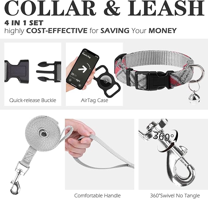 EXPAWLORER Classic Plaid Puppy Harness - Dog Collar and Leash - Soft Mesh Padded Adjustable Step in Small Dog Vest Harness No Pull, Reflective Escape Proof for Outdoor Walking, Grey Small