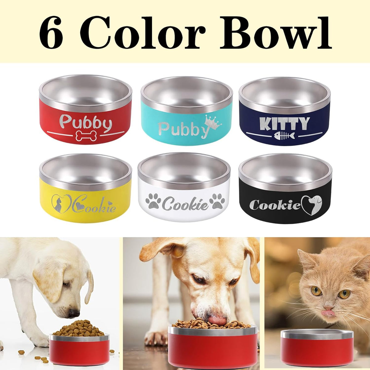 42OZ Personalized Dog Bowl Laser Engraved Custom Pet Name 18/32/42/64 oz No Slip Stainless Steel Insulated Bite-Resistant Food Water Dishes-White