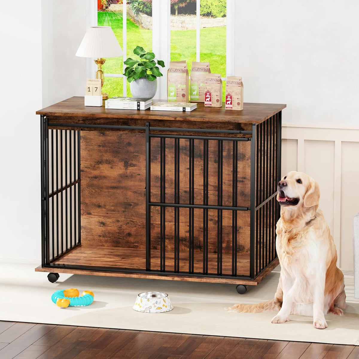 43.7" Dog Crate Furniture, XL Dog Crate Dog Kennel Indoor with Wheels for Large Medium Small Dogs, Wooden Dog Kennel End Table with Sliding Door Wooden Furniture Crates for Living Room, Bedroom