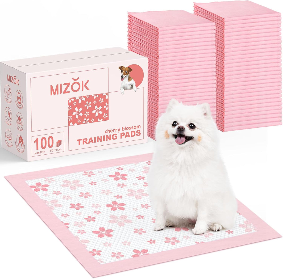 MIZOK Puppy Pads 22"x 22" with Leak-Proof Quick-Dry Design Pee Pads for Dogs Potty Training, 6-Layer Standard Absorbency Dog Pee Pads Regular Size, Pink Cherry Blossom Pattern (100 Counts)