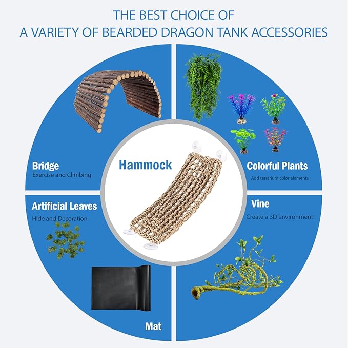 HERCOCCI Bearded Dragon Tank Accessories, Reptile Mat Bridge Hammock Flexible - Jungle Climbing Vines and Leaves with Suction Cups Habitat Décor for Hiding& Climbing Snake Gecko Lizard Chameleon