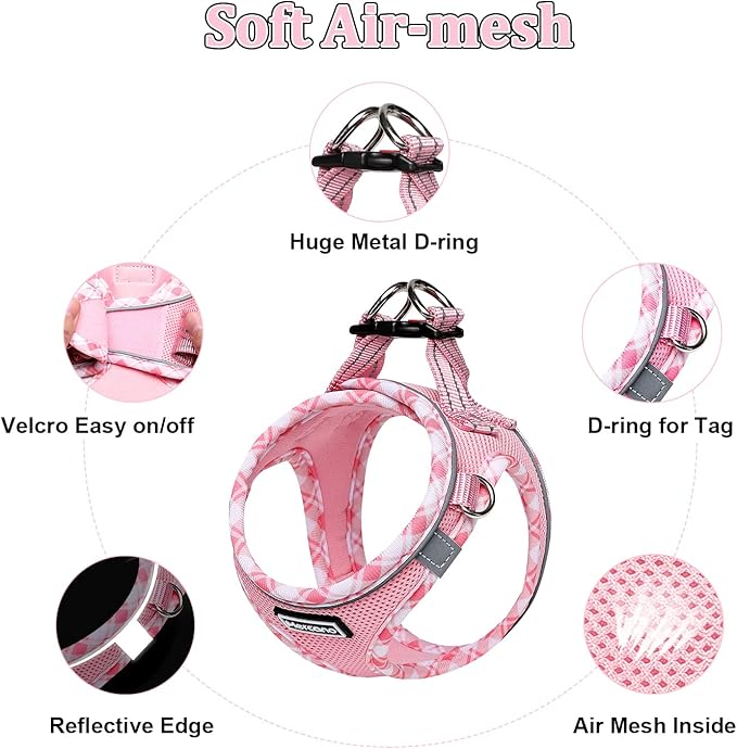 Mercano Soft Mesh Dog Harness and Leash Set, No-Chock Step-in Reflective Breathable Lightweight Easy Walk Vest Harnesses with Safety Buckle for Small Dogs, Cats (Pink, M)