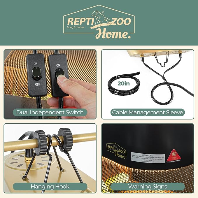 Dual Reptile Light Fixture with Switches, High Reflection Dome Reptile Heat Lamp Fixture, Terrarium UVB Basking Bulb Fixture for Reptiles Bearded Dragon Snake Tortoise, Max 150W Each