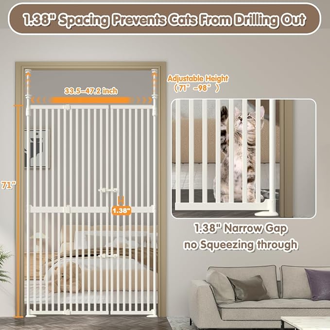 71" Extra Tall Cat Pet Gate, 33.5-47.2 in Wide High Dog Gates for Doorways No Climbing, Kitten Proof Full Door Barrier, Auto Close Large Walk Thru Puppy Gate Pressure Mounted, Indoor White