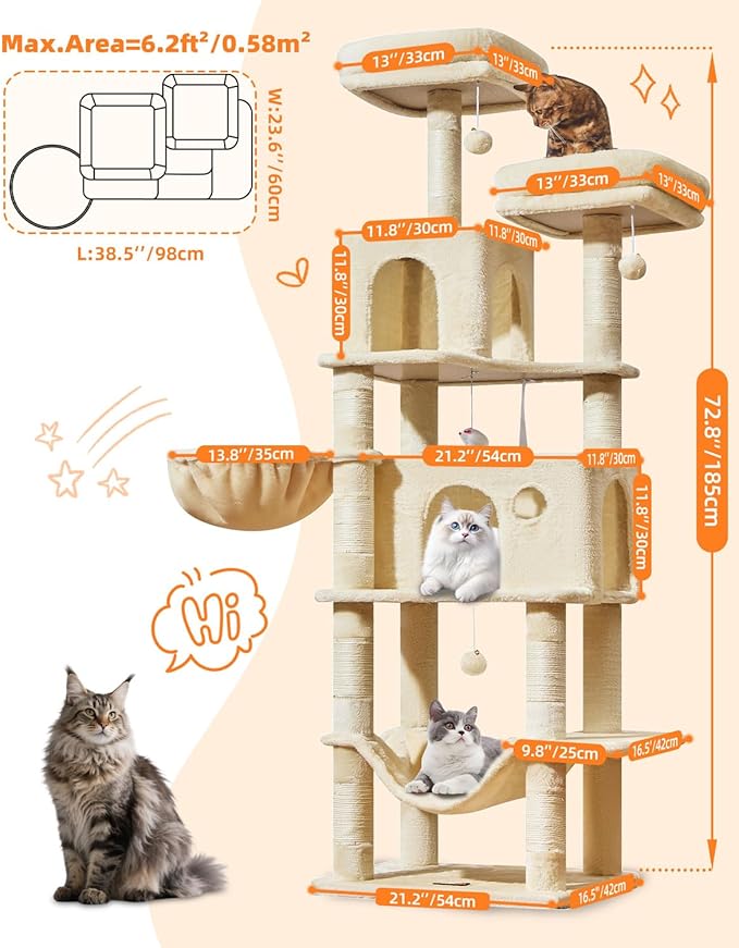 Taoqimiao Large Cat Tree，73-Inch Cat Tree Tower with 9 Scratching Posts for Indoor Cats, 2 Large Cat Condo with Hammock, Hanging Basket, 2 Extended Platform, Beige MS013XLM