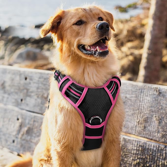 rabbitgoo Dog Harness for Large Dogs, No Pull Pet Vest with 3 Buckles, Adjustable Soft Padded Pet Harness with Easy Control Handle and Reflective Strips, Black & Rose Pink, XL