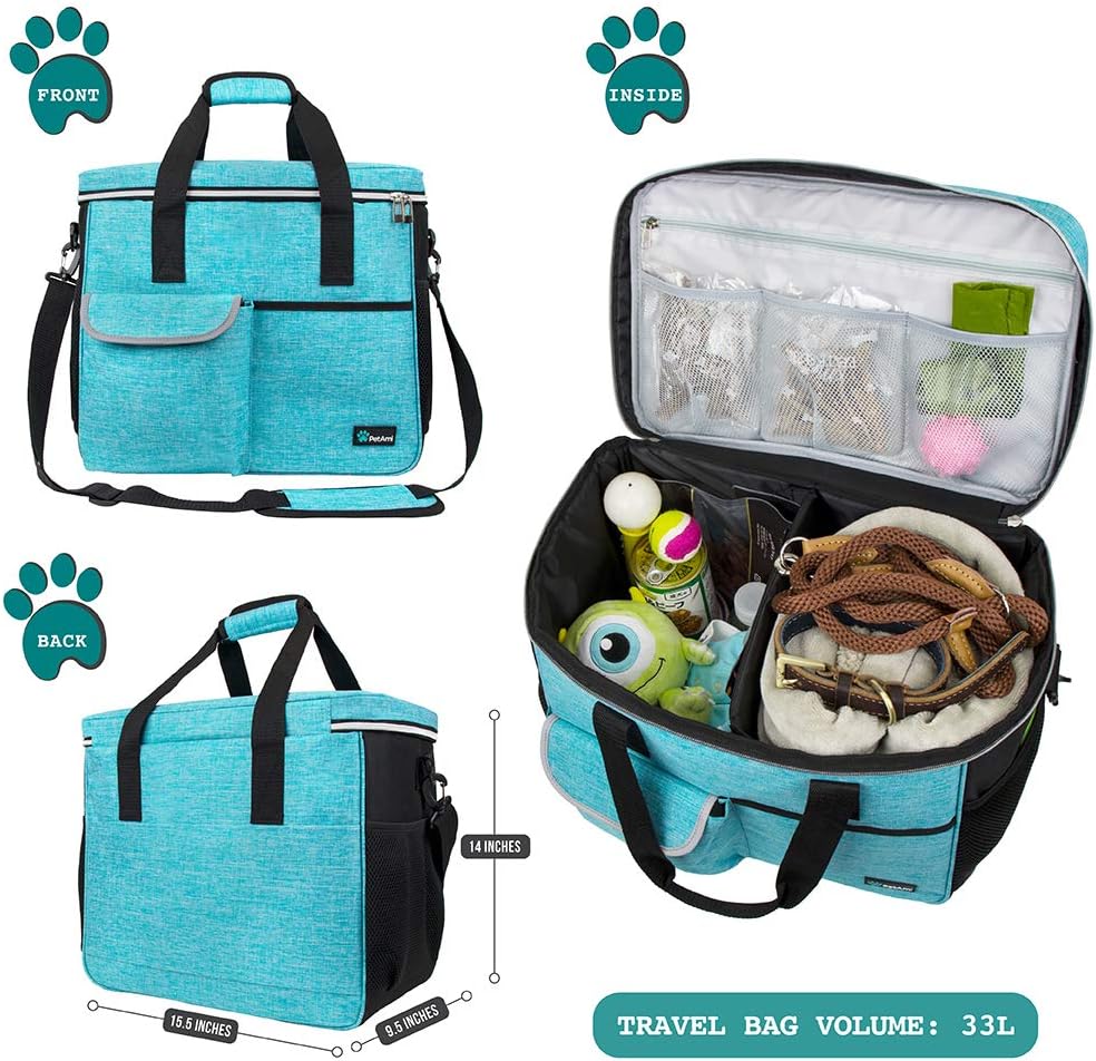 PetAmi Travel Bag Organizer - Dog & Cat Diaper Bag with Food Container and Bowls, Perfect for Weekend Camping (Sea Blue, Large)