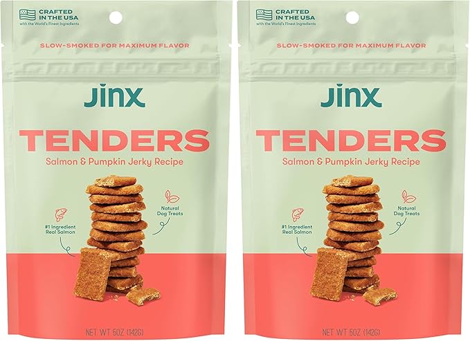 Jinx Tenders Salmon Jerky Dog Treats, All-Natural Ingredients, Soft and Chewy, Low-Calorie, Slow-Smoked Salmon & Pumpkin, No Fillers, 5oz (Pack of 2)