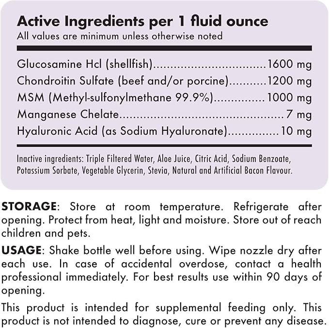 Liquid Glucosamine for Dogs Bacon Flavour Chondroitin, MSM & Hyaluronic Acid K9 Supplement Hip and Joint Formula Advanced Mobility Joint Pain Relief Senior Advanced Supplement for All Breeds 32 oz