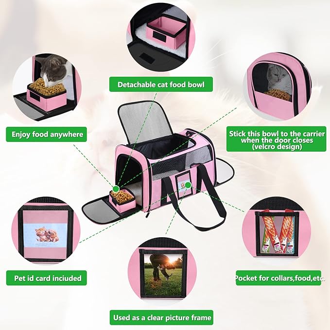 20" Large Cat Carrier Soft Sided for Cats Under 25 lbs, Folding Dog Carrier 20" Carrier for 2 Cats Travel Carrier - Pink