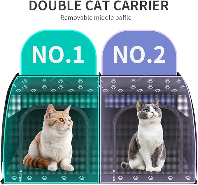 Double Cat Car Travel Carrier, Twin Compartment Show House Cat Cage/Condo，Portable Pet Crate for 2 Cats Travel Double Dog Crate Set for Long Distance Travel
