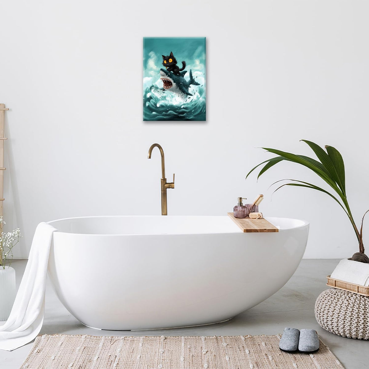 Funny Black Cat Bathroom Wall Art Cute Cat Riding Shark Canvas Wall Decor Animal Kitten Pictures Painting Print Artwork Framed Decorations Gifts for Cat Lover Kids Room Bedroom 12"x16"