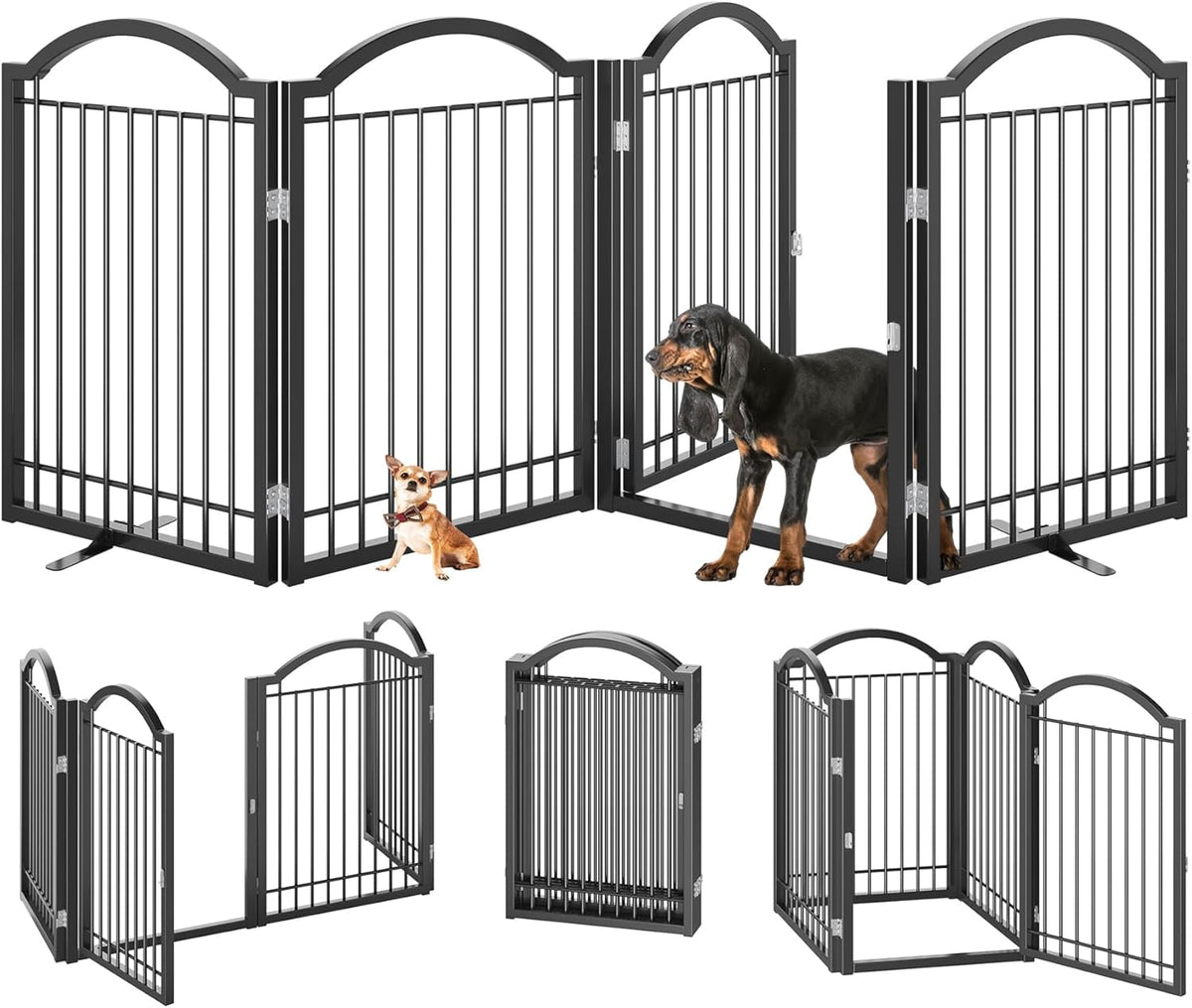 BHG Metal No-Assembly Freestanding Dog Gate with Door Walk Through, Extra Wide 96", Extra Tall 32" Pet Gate, Accordion Puppy Folding Playpen Dog Fence, with 2PCS Support (Black, 4 Panels)