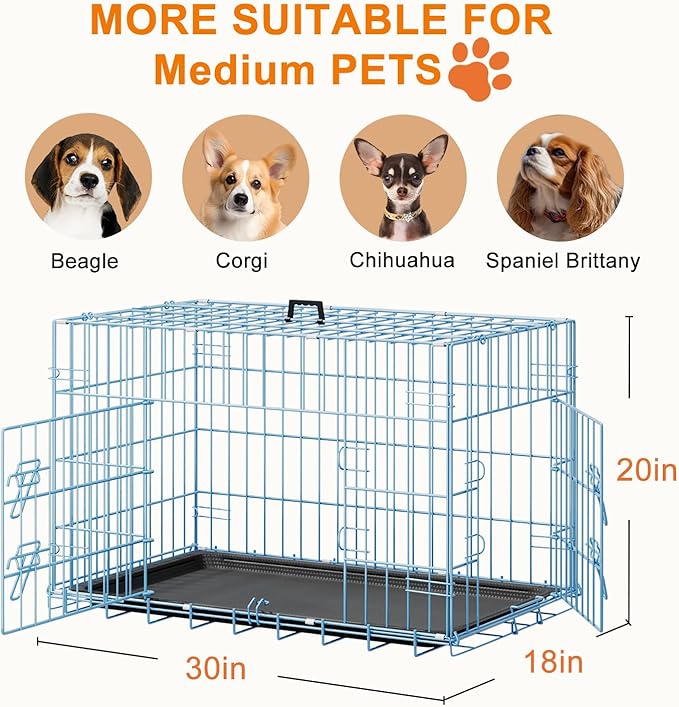 FDW 30inch Dog Crate Pet Cage with Metal Folding Design Plastic Tray Indoor Outdoor Dog Kennel Cage for Small and Medium Dogs,Blue