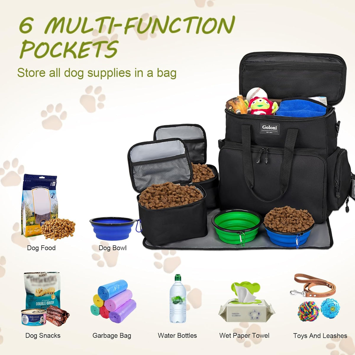 Dog Travel Bag Airline Approved–Pet Travel Tote with Collapsible Bowls,Food Containers & Feeding Mat–Multi-Pocket Organizer for Dogs & Cats, Durable & Water-Resistant for Hiking,Trips,Outdoors