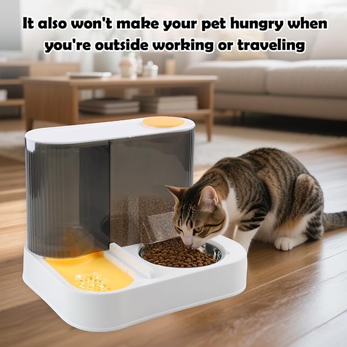 2 in 1 Automatic Cat Feeder and Water Dispenser Combo,All-in-One Dog Food and Water Dispenser Set with Stainless Steel Food Bowl Detachable Gravity Feeder for Cat Kitten Small Dog(Yellow)