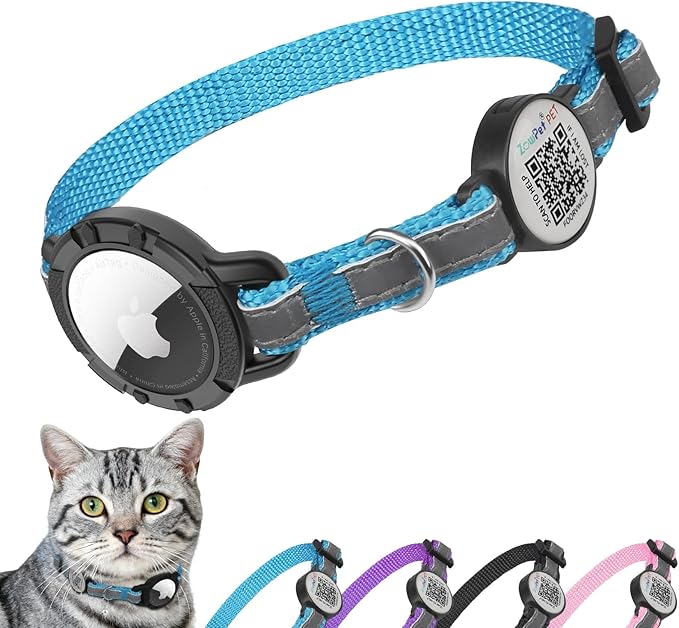 Airtag Cat Collar Breakaway with QR Code Name Tag, Reflective cat Collar airtag Holder with Bell, Cat ID Tag Personalized, Ultra-Durable, Adjustable, Quick Release, Fits Small Large Cats, Blue