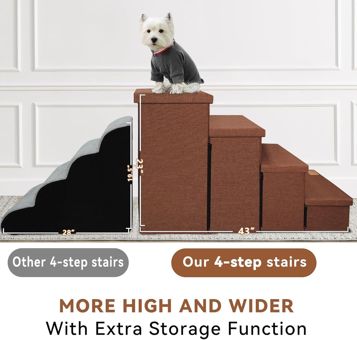 Dog Stairs with Storage 23" H, 4-Step Wider Dog Steps for High Beds Window, Folding Sturdy Pet Stairs Gift for Small/Medium/Large Old Dogs Cats, Ramp for Climbing Car Up to 200 lbs, Brown