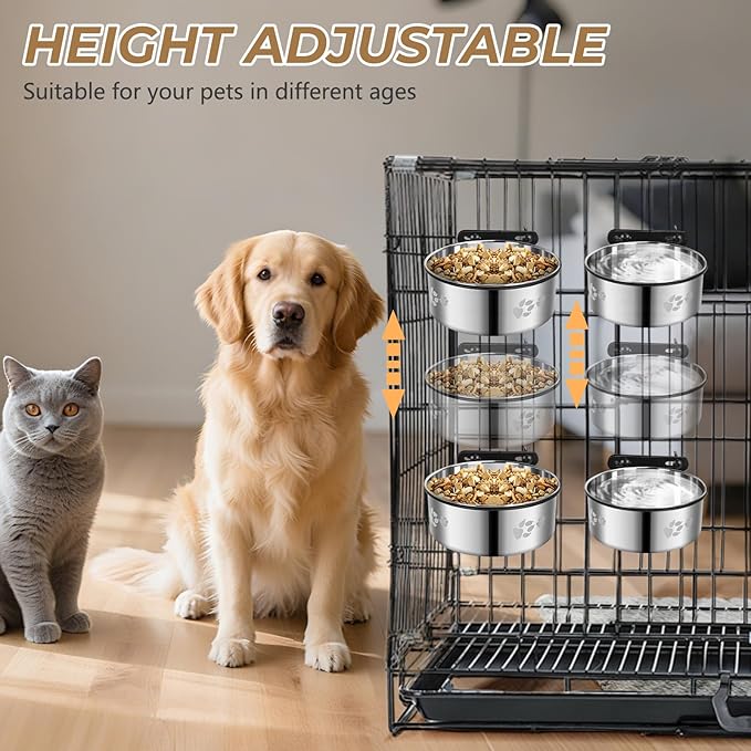 2 Pack Dog Crate Water Food Bowl No Spill,2-in-1 Hanging Dog Bowls for Kennel,Dogs Crate Water Feeder Dish,Stainless Steel Kennel Dogs Bowls Mountable with Non-Slip Bottom for Cats Bunny Ferret Bird