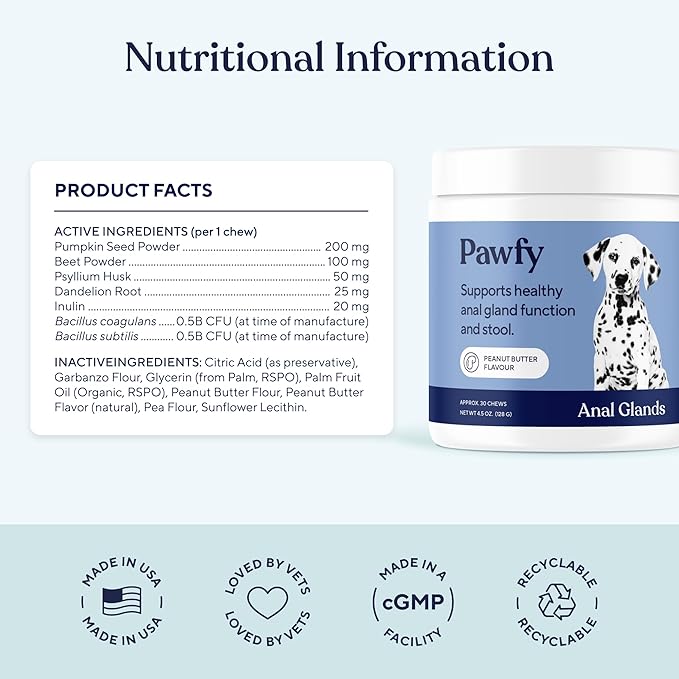 Pawfy Anal Gland Chews for Dogs with Peanut Butter | Dog Probiotics – Helps with Constipation, Digestive Health, and Gas Relief | Promotes Healthy Poops & Comfort - 30 Dog Supplements