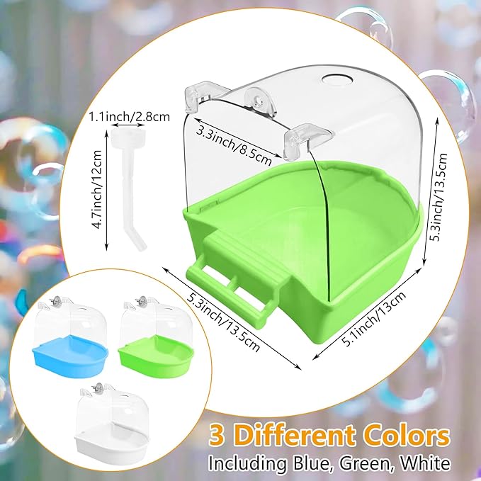 Tfwadmx 3Pcs Bird Bath for Cage Hanging Parakeet Bath Box Clear Bird Bathtub Water Shower Food Feeder Bathing Tub for Cockatiel Conure Canary Budgies
