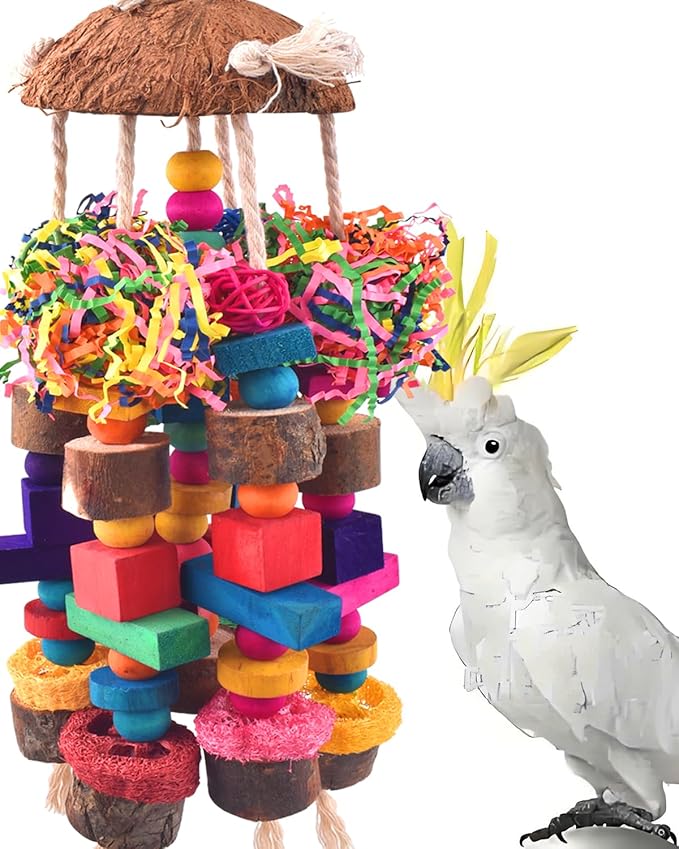 KATUMO Parrot Toys, Large Bird Chew Toys Medium Parrot Cage Accessory Colorful Wood Block Toys for Medium to Large Birds Macaws African Greys Cockatoos Amazon Parrots