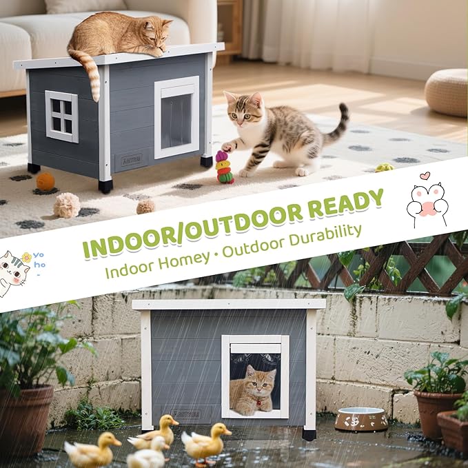 Outdoor Wooden Pet House, Weatherproof Winter Shelter for рuррy and Cats, Elevated Design with Window (Gray)