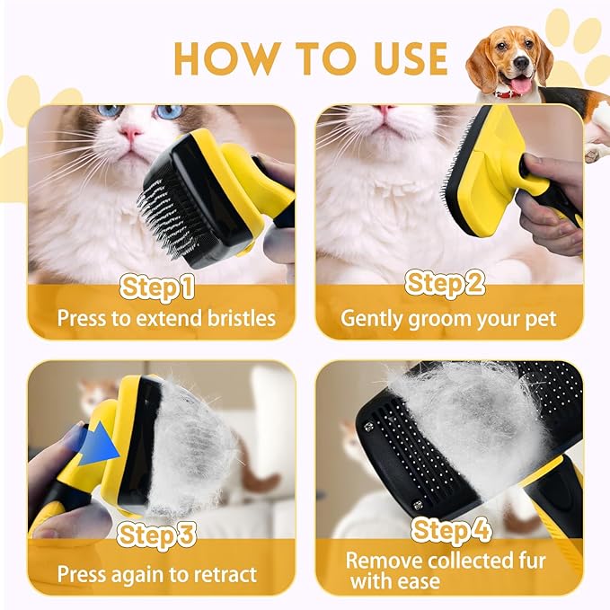 Large Self Cleaning Deshedding Brush for Dogs & Cats - One Button Hair Release Grooming Tool, Gentle Massage Brush for Long and Short Hair (Yellow)