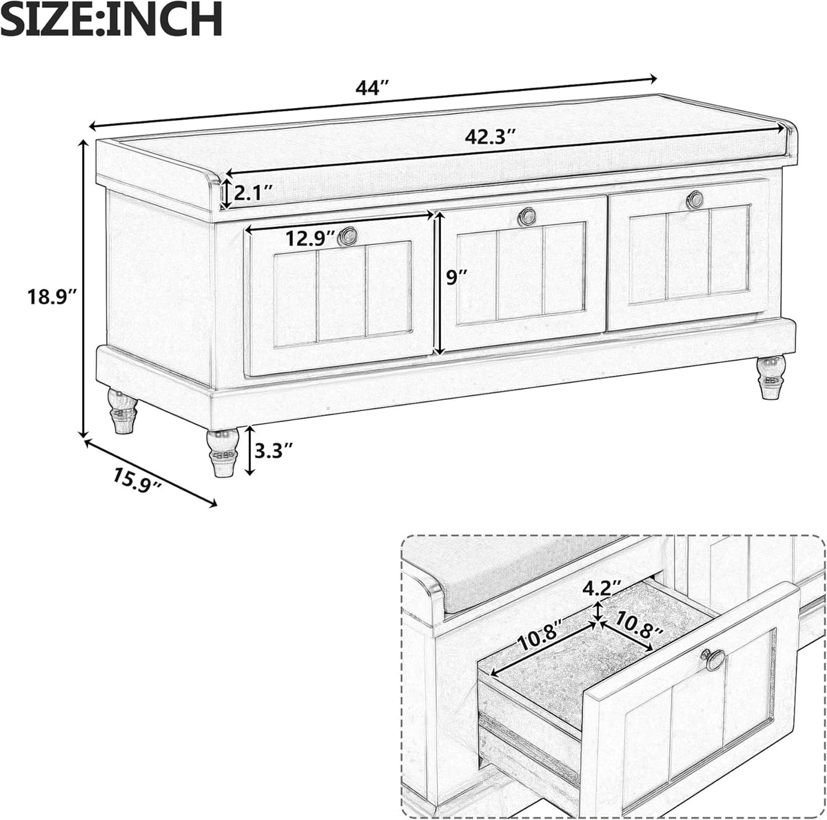 Classic Shoe Storage Bench with Cushion and Three Drawers, Fluted Entryway Bench with Storage for Entryway, Living Room, Hallways 44.0" L x 15.9" W x 18.9" H Antique Navy