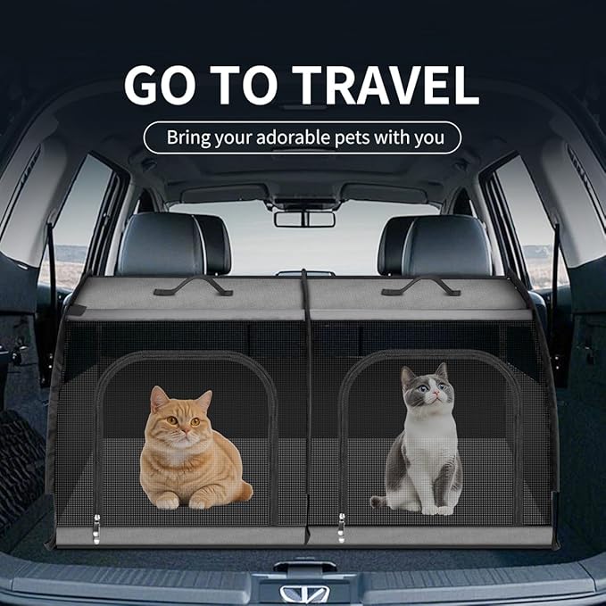 Double Cat Car Travel Carrier, Twin Compartment Show House Cat Cage/Condo，Portable Pet Crate for 2 Cats Travel Double Dog Crate Set for Long Distance Travel