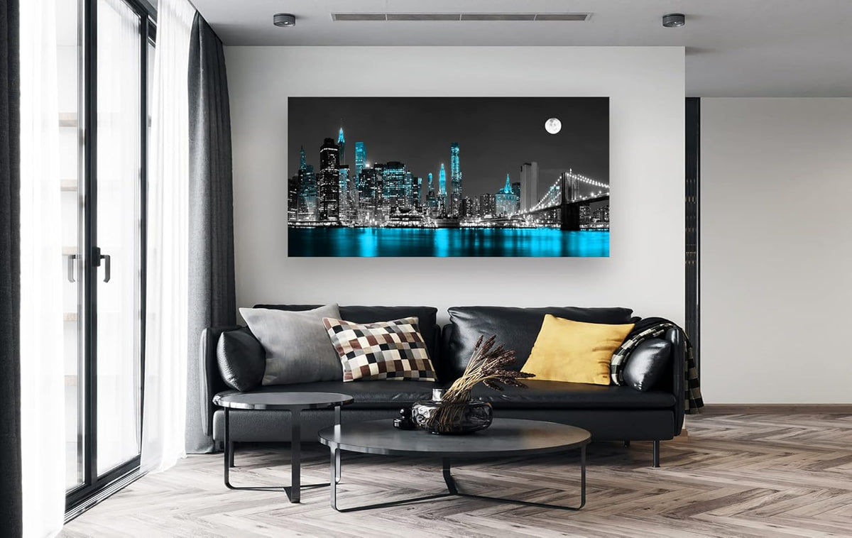 Jiuqinghua Wall Art Decor Canvas Print Picture 1 Panel Black White and Blue New York Brooklyn Bridge Cityscape Night Building Painting for Kitchen Office Home Decor Framed Ready to Hang 20x40inch