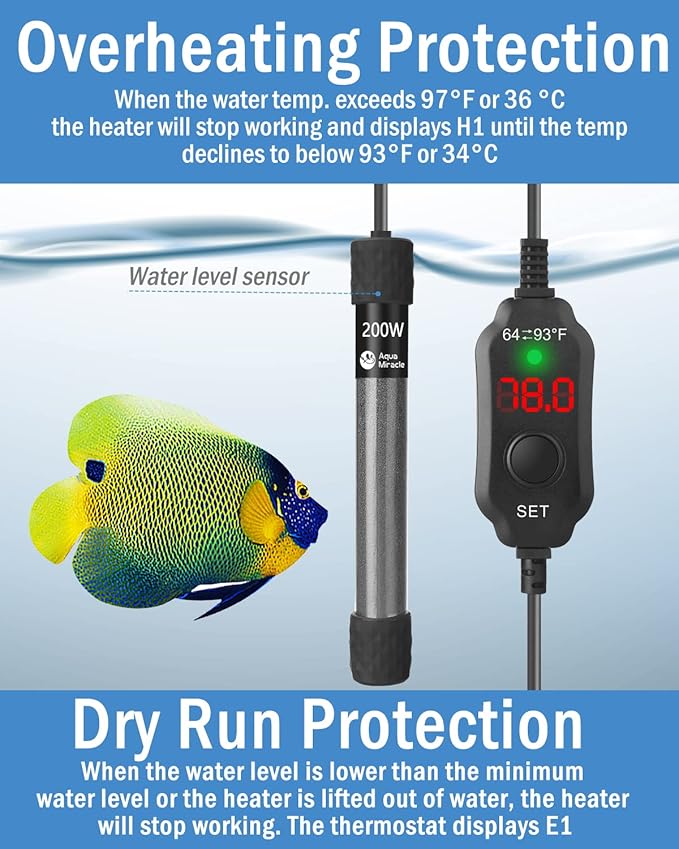 AquaMiracle Adjustable 200W Aquarium Heater Submersible Fish Tank Heater Super Short Aquarium Heater with LED Digital Display Thermostat, for Tanks 20-40 Gallons
