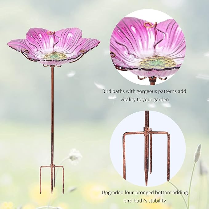Outdoor Bird Bath Glass Birdbath Garden Birdfeeder with Metal Stake Pink(Height:26inch)