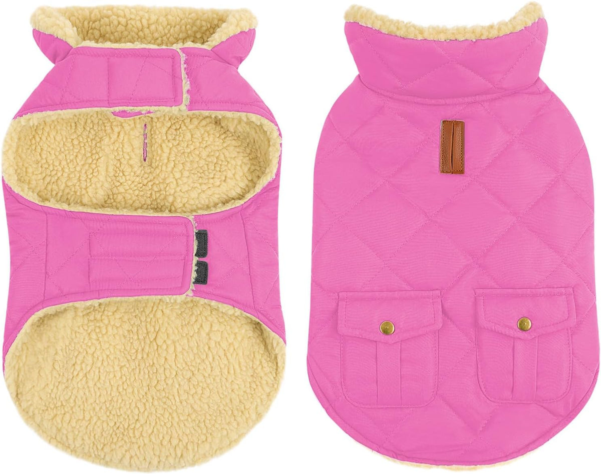 Queenmore Dog Winter Coat - Fleece Jacket, Waterproof Cold Weather Clothes, Thick Warm Cotton Padding, Easy On Storage Pockets (Pink, Large)