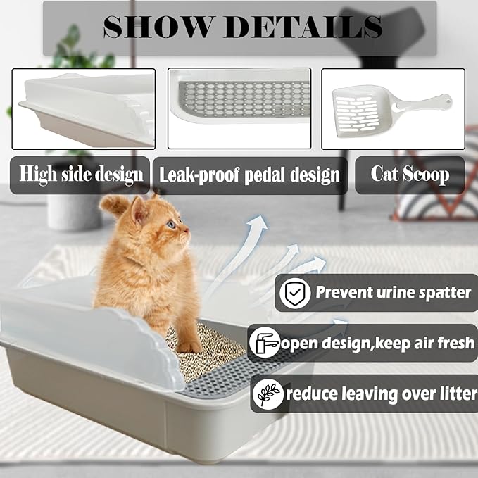 kathson Open Small Cat Litter Box with High Side,Anti-Splashing Kitten Litter Pan,Semi-Enclosed Removable Kitty Cat Toilet with Litter Sifting Scoop for Boxes Easy to Clean No Odor-Grey
