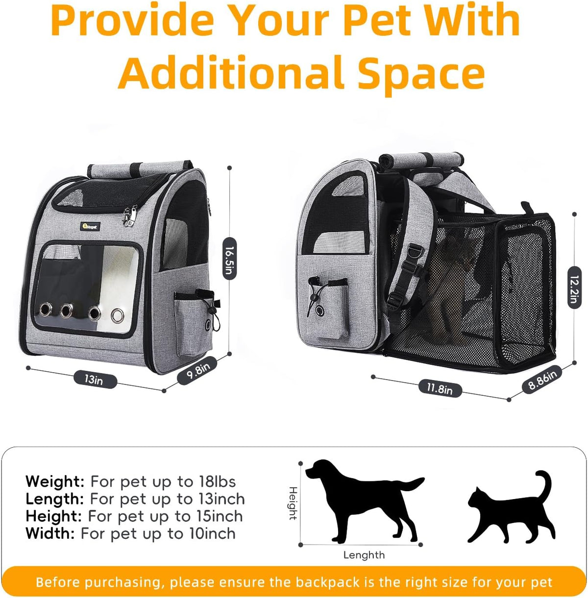 Hoopet Expandable Cat Backpack Carrier – Breathable Pet Carrier for Small Cats & Dogs, Foldable Travel Backpack with Mesh Ventilation for Hiking, Walking, Camping, Light Grey