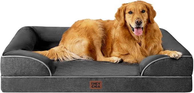 EHEYCIGA Orthopedic Dog Beds for Large Dogs, Waterproof Memory Foam Large Pet Bed with Sides, Non-Slip Bottom and Egg-Crate Foam Dog Couch Bed with Washable Removable Cover, Dark Grey