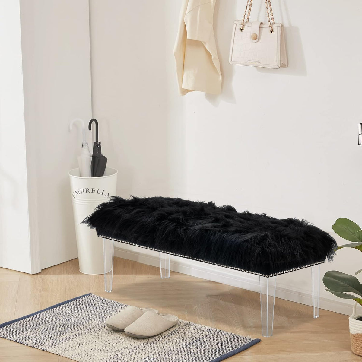 46 Inch Black Bedroom Bench, Benches for Bedroom White Faux Fur Upholstered Bed end Bench, Tufting Bench Indoor Bench with Acrylic Legs for Living Room Bedroom Dining Room Entryway, Black