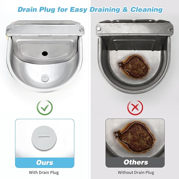 FHTONGE 304 Stainless Steel Automatic Water Dispenser with Drainage for Outdoor Big Dog, Large Auto Fill Dog Waterer Float Valves for Livestock Poultry Horse Cow Goat Pig Chicken Duck Rabbit Drinking