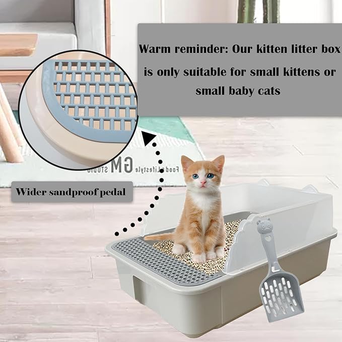 kathson Open Small Cat Litter Box with High Side,Anti-Splashing Kitten Litter Pan,Semi-Enclosed Removable Kitty Cat Toilet with Litter Sifting Scoop for Boxes Easy to Clean No Odor-Grey