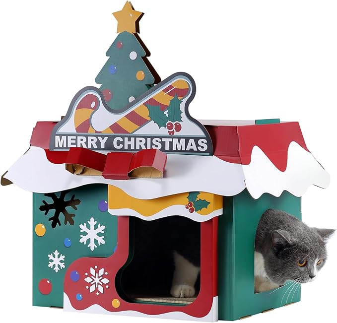 Cardboard Cat House with Scratcher – Christmas Cottage Design, 19''L x 17''W x 22''H, Festive Indoor Cat Playhouse & Hideout for Cats up to 22 lbs, Corrugated Scratch Pad & Holiday Home Décor